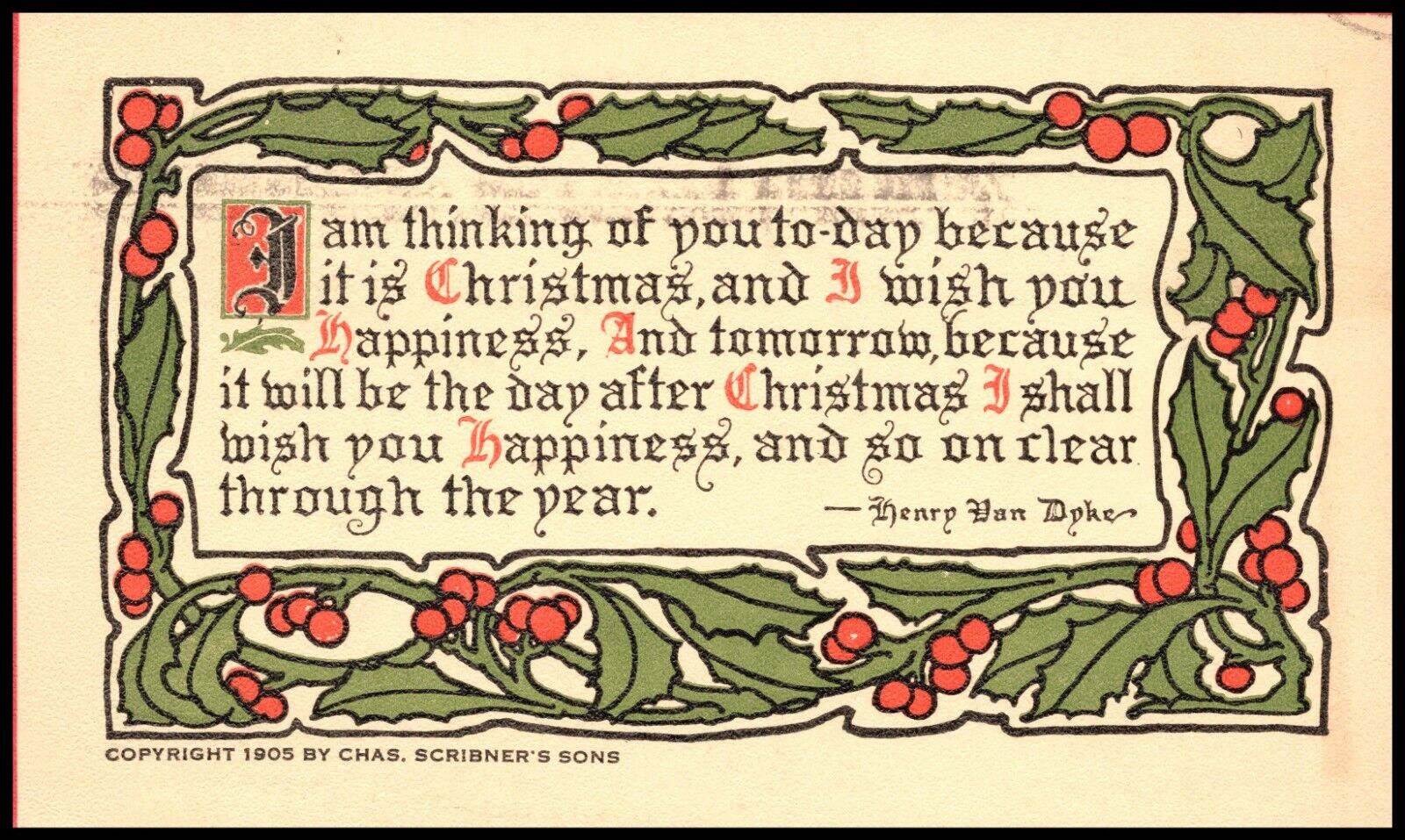 C1911 Christmas Arts & Crafts Holly Border Van Dyke Poem Scribner Postcard 540