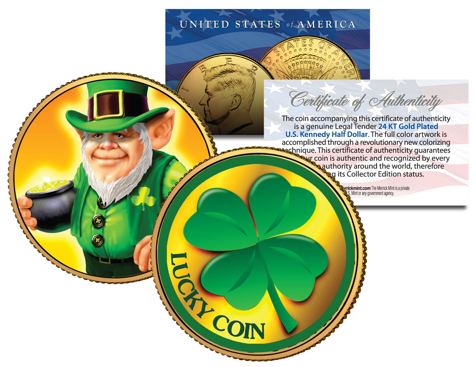 LEPRECHAUN *Four Leaf Clover* JFK Half $ 24K Gold Plated LUCKY COIN St Patrick's