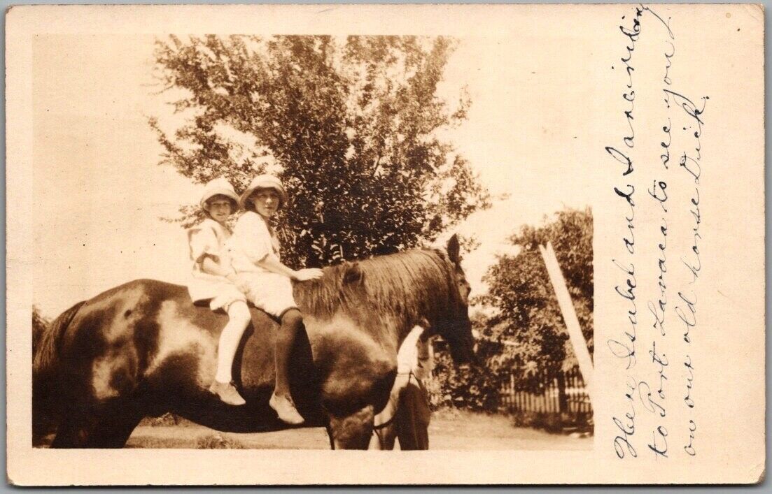 1914 RPPC Real Photo Postcard Two Girls / Sisters on Horse SEGUIN, Texas Cancel