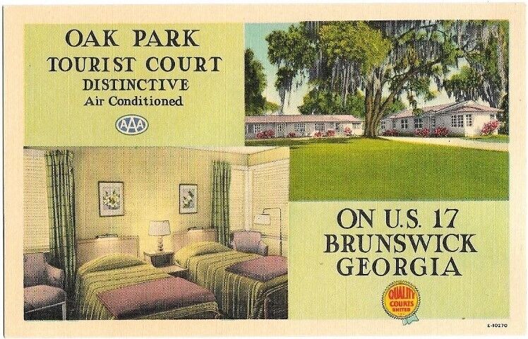 Oak Park Tourist Court in Brunswick, Georgia (Linen Postcard)