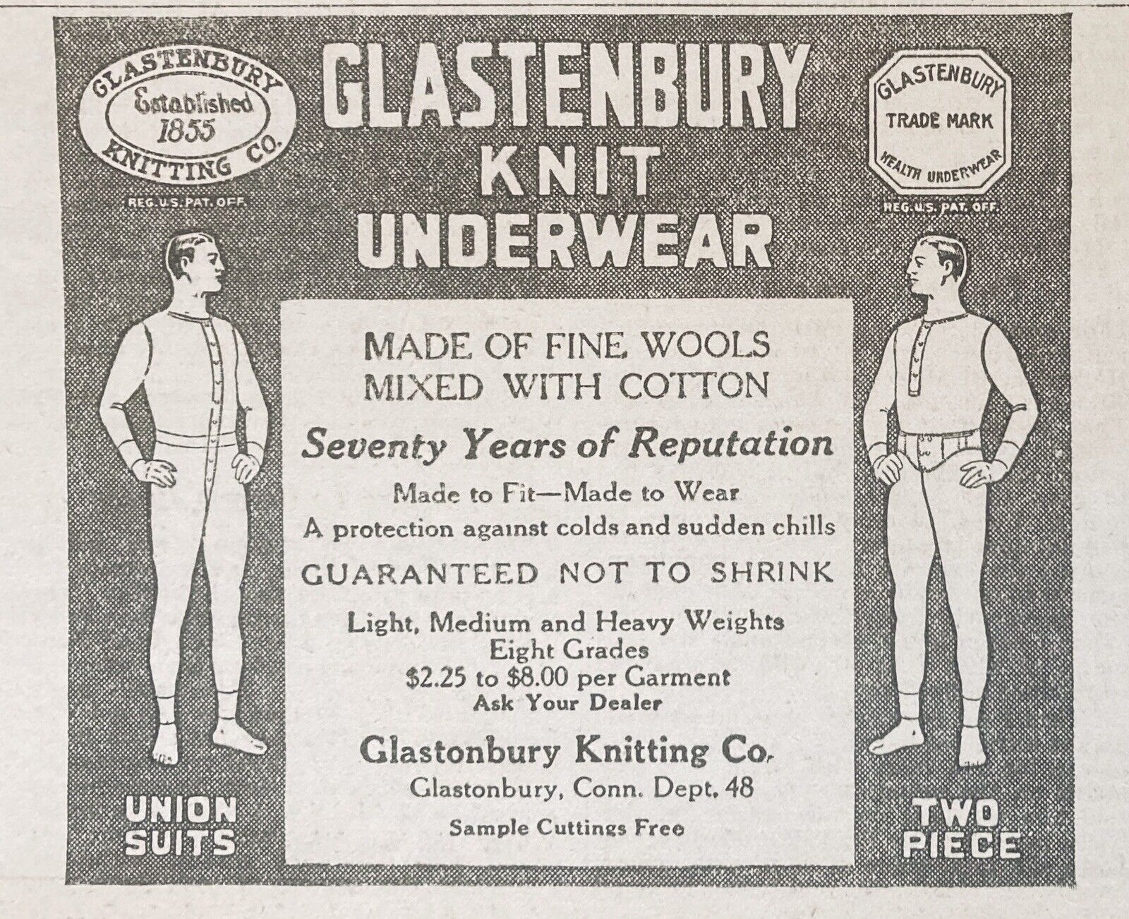 1924 AD.(XG6)~GLASTONBURY KNITTING CO. CONN. GLASTENBURY KNIT UNDERWEAR
