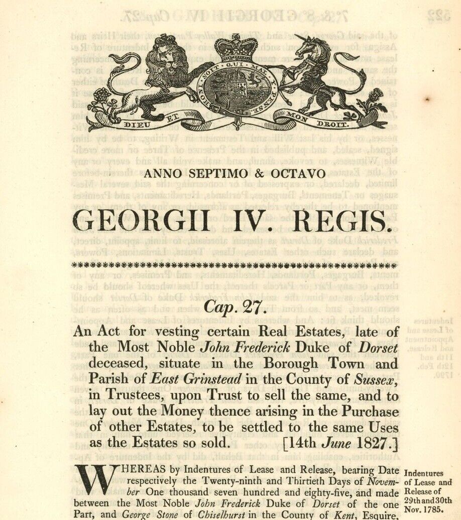 Antique Act of Parliament Real Estates John Frederick Duke of Dorset 1827 