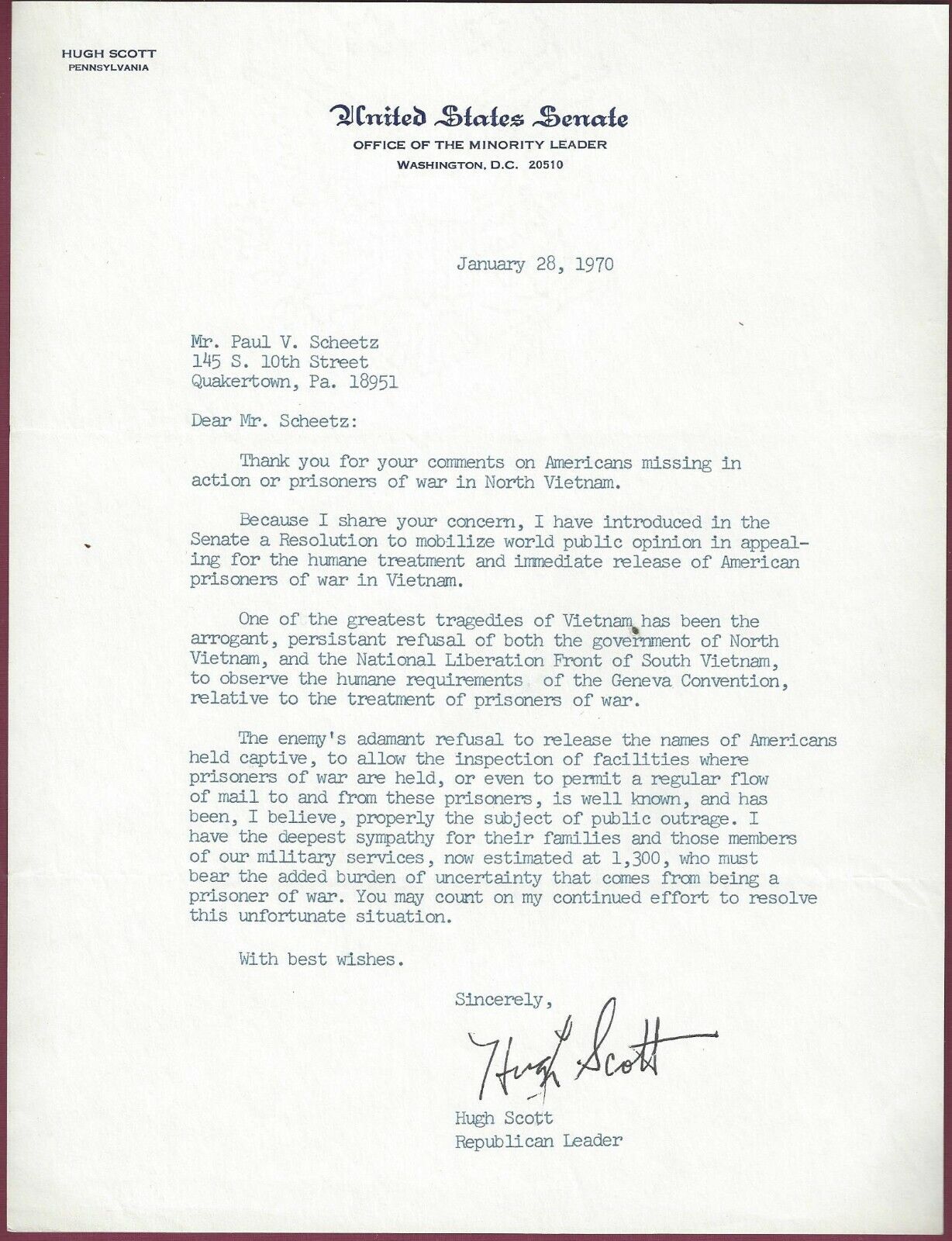 Hugh Scott, PA Senator, Typed Letter Signed, 1970, COA, UACC RD 036