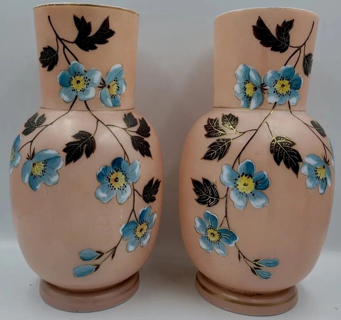 Antique Bristol Pink & White Hand Painted Opaline Overlay Floral Art Glass Vase