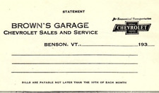 1930 BENSON VERMONT BROWN'S GARAGE CHEVROLET SALES AND SERVICE BILLHEAD Z4230 picture