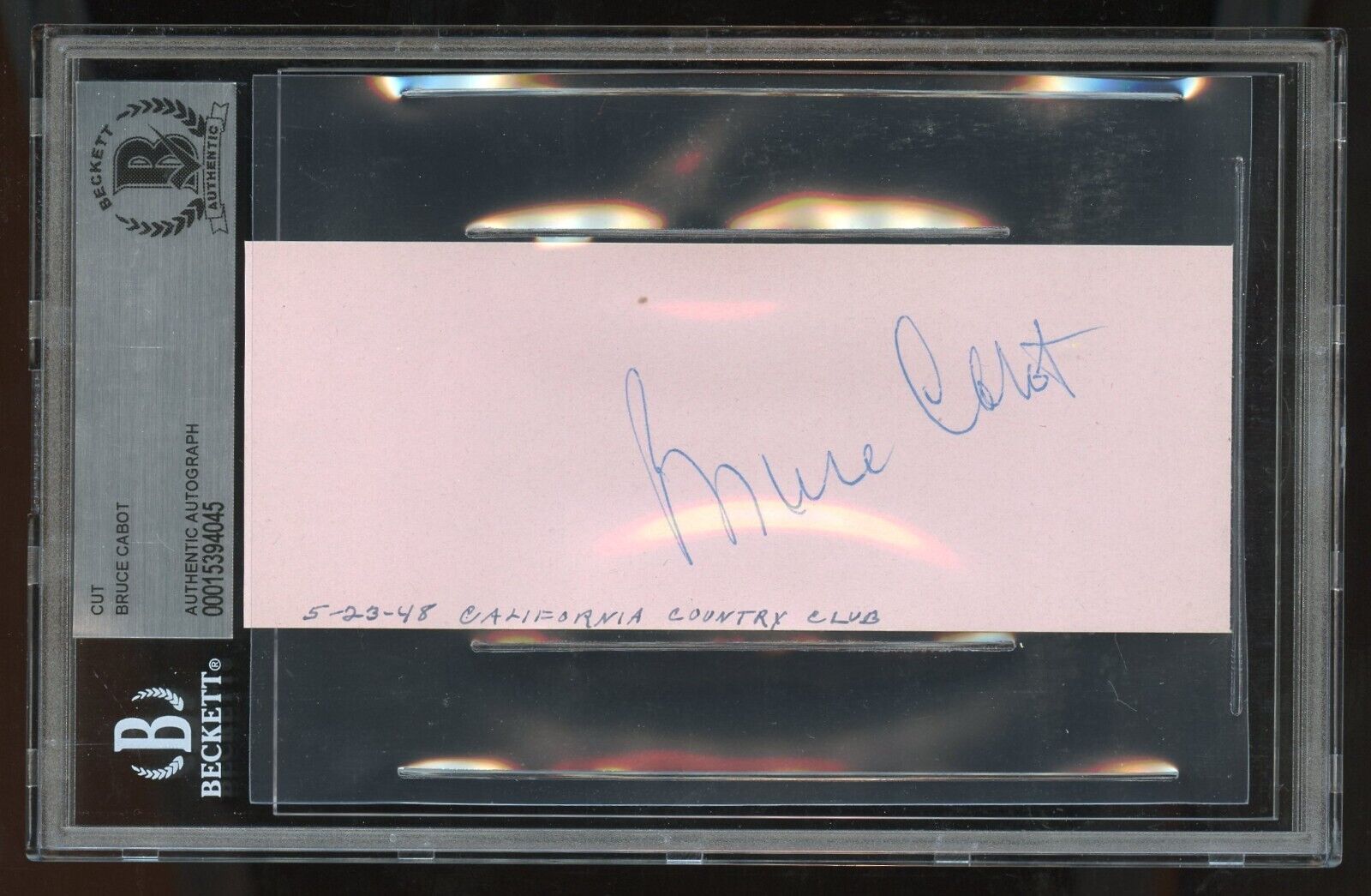 Bruce Cabot signed 2x5 cut autograph on 5-23-48 at California Country Club BAS