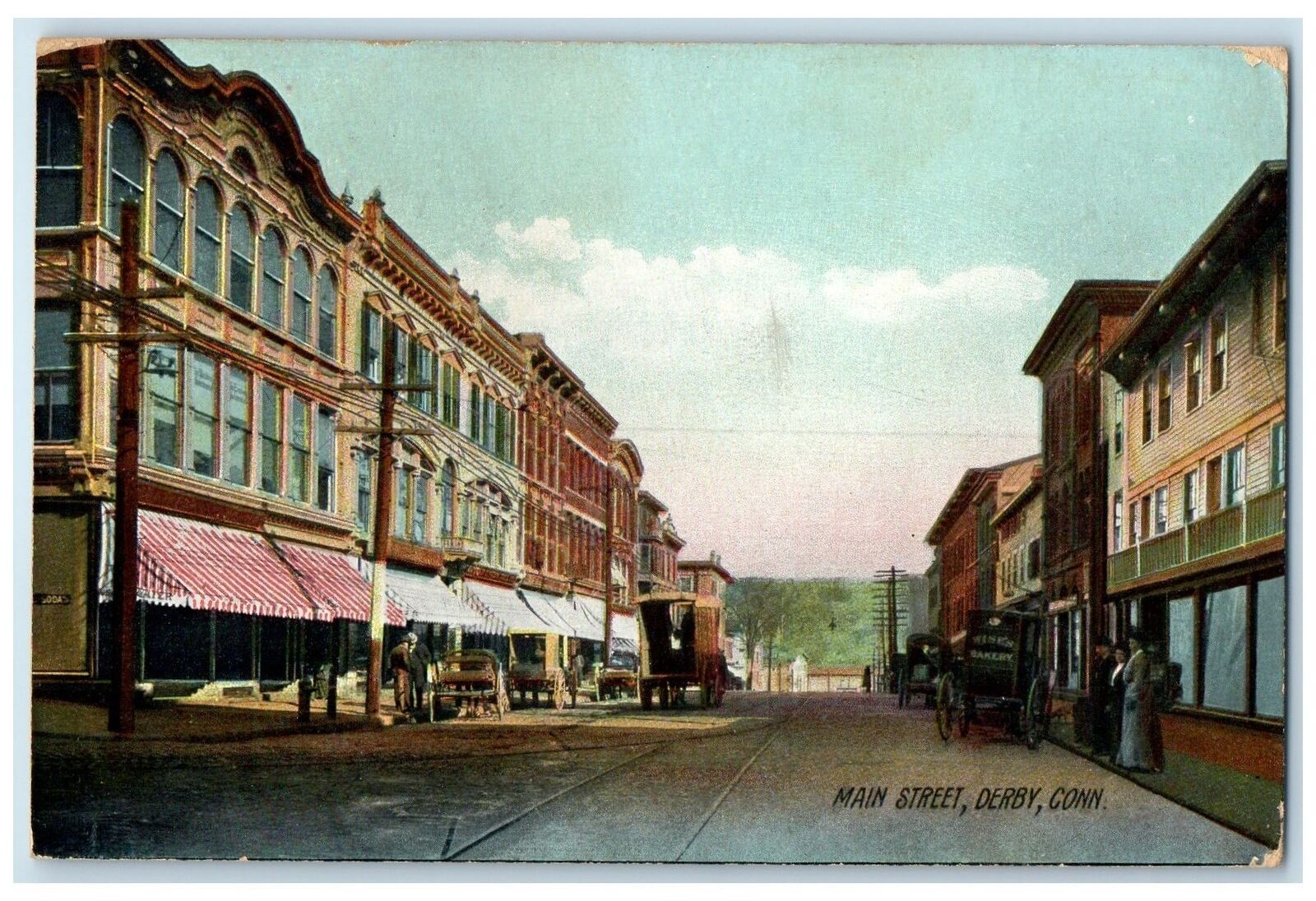 1911 Main Street Horse Buggy Stores Railroad View Derby Connecticut CT Postcard