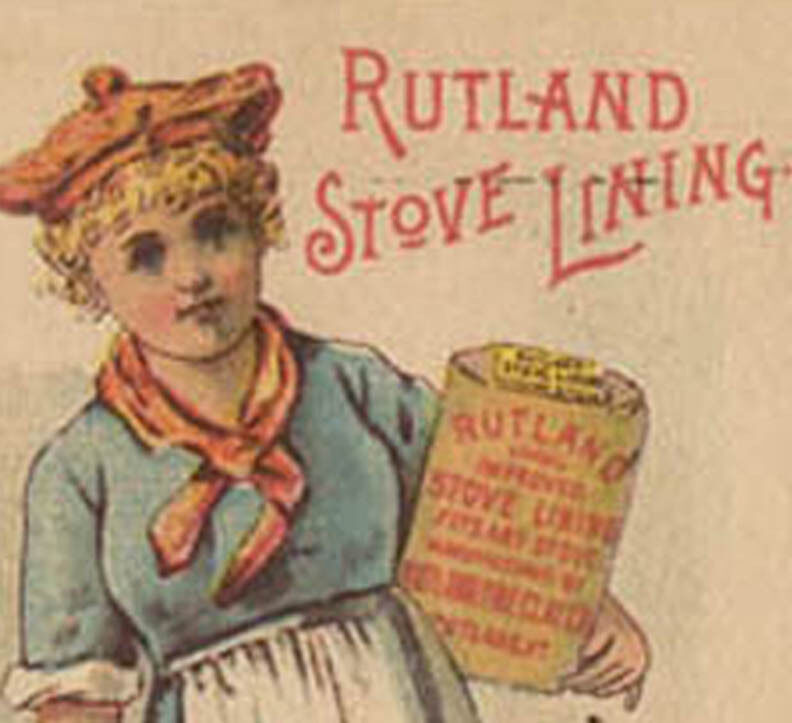 1880's RUTLAND STOVE LINING TRADE CARD PRETTY LADY HOLDING CAN TC253