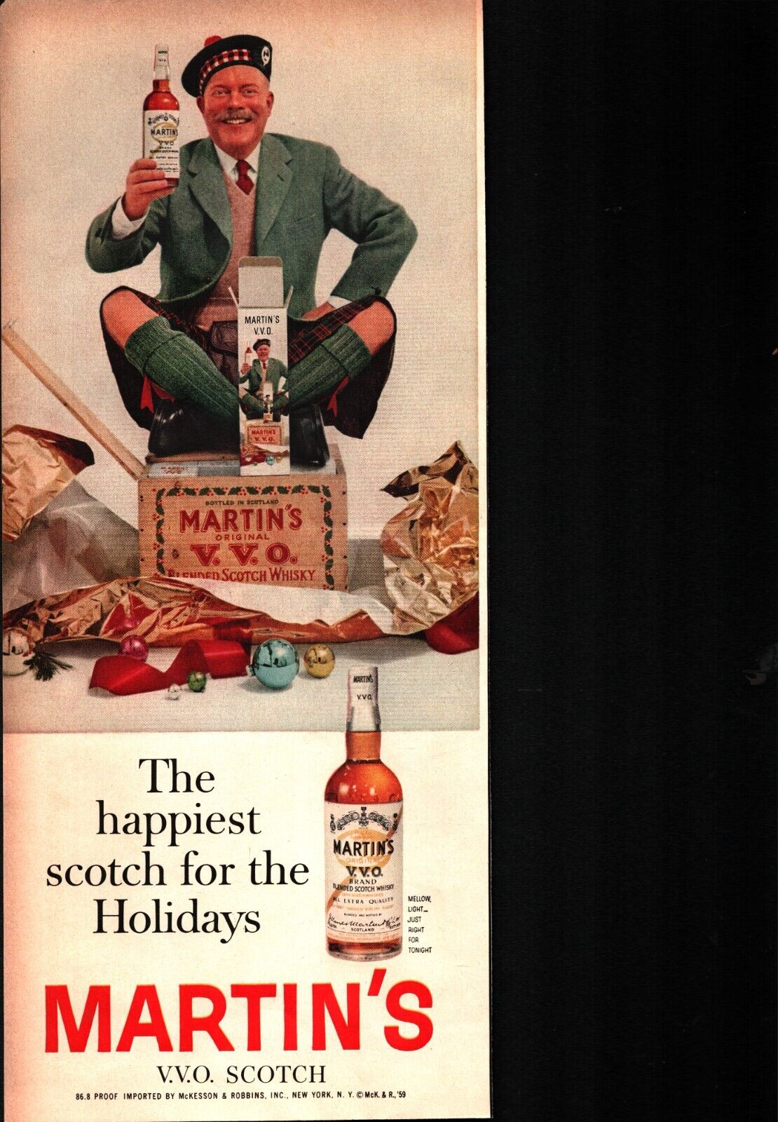 1959 Martins VVO Scotch Whiskey Vintage Print Ad  Man In Kilt Art Illustration 