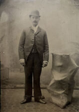 Victorian Dapper Man Bowler Hat 1/6 Tintype Posing Stand Visible 1880s 1890s picture