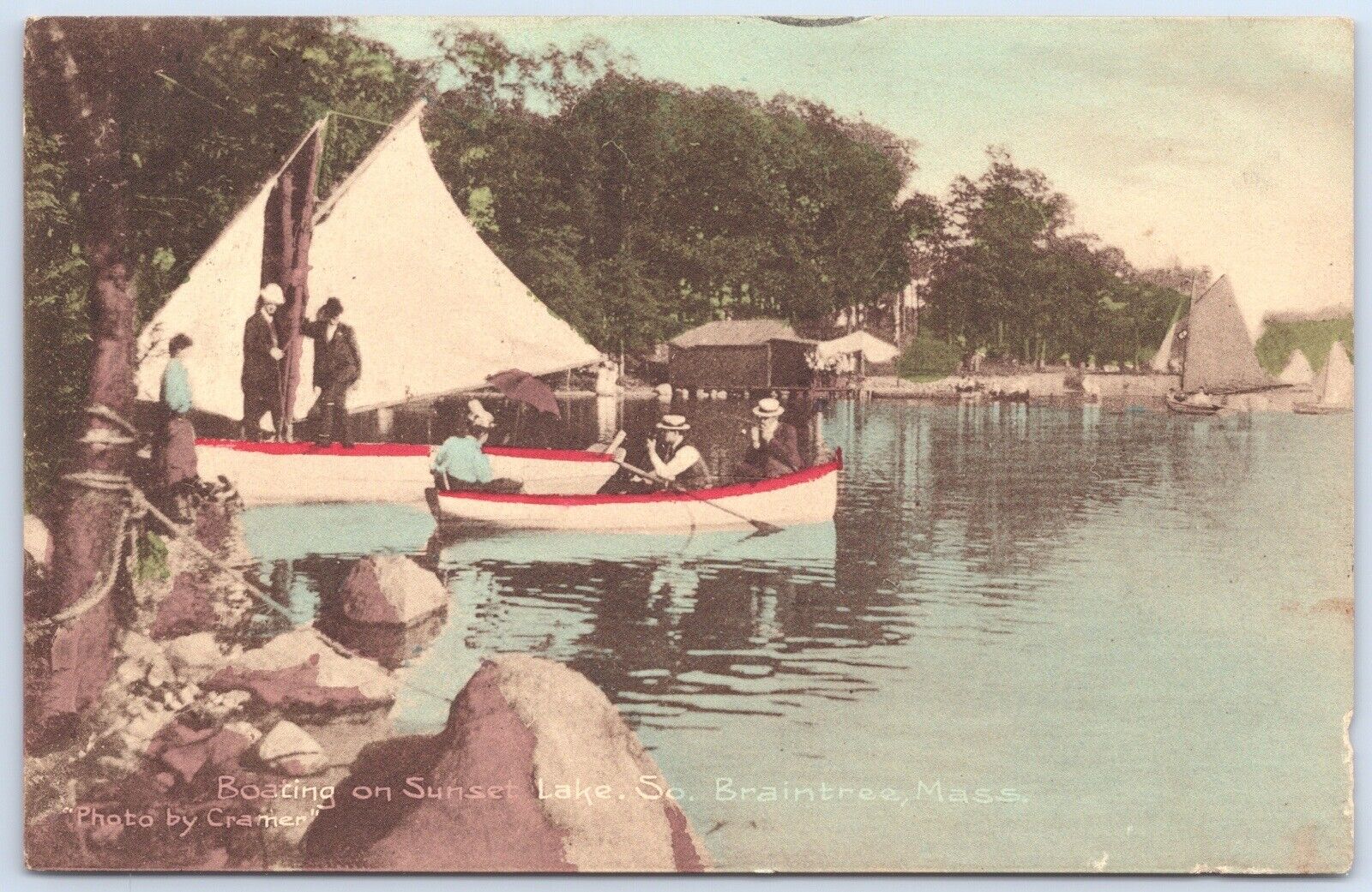 boating on sunset lake so. braintree mass vtg postcard 1910 Sailboat