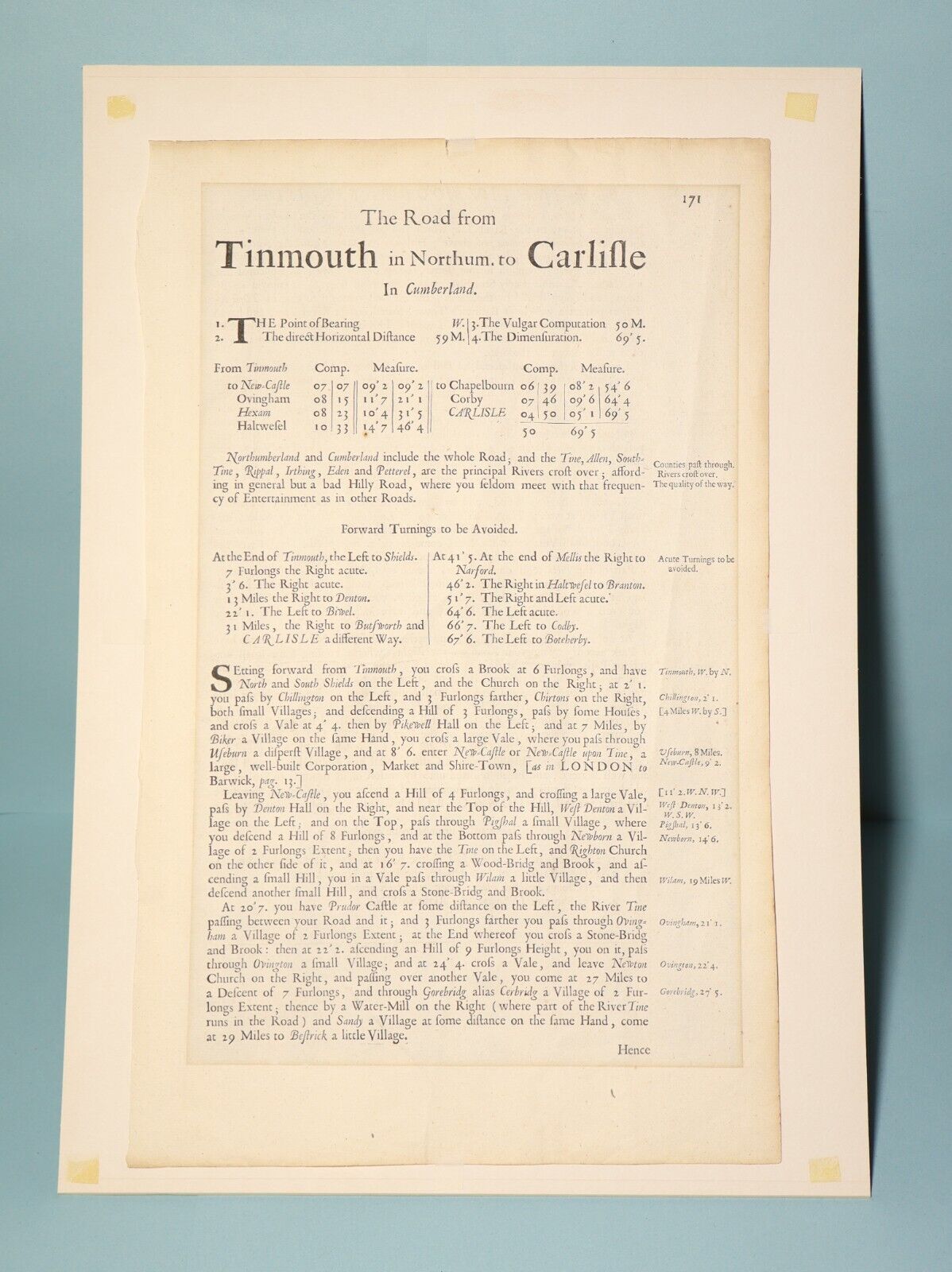 18thC page The Road from Tinmouth in Northum. to Carlisle in Cumberland