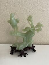 Chinese Green Hardstone Carving Figurine Bird of Paradise & Flowers Wood Stand picture