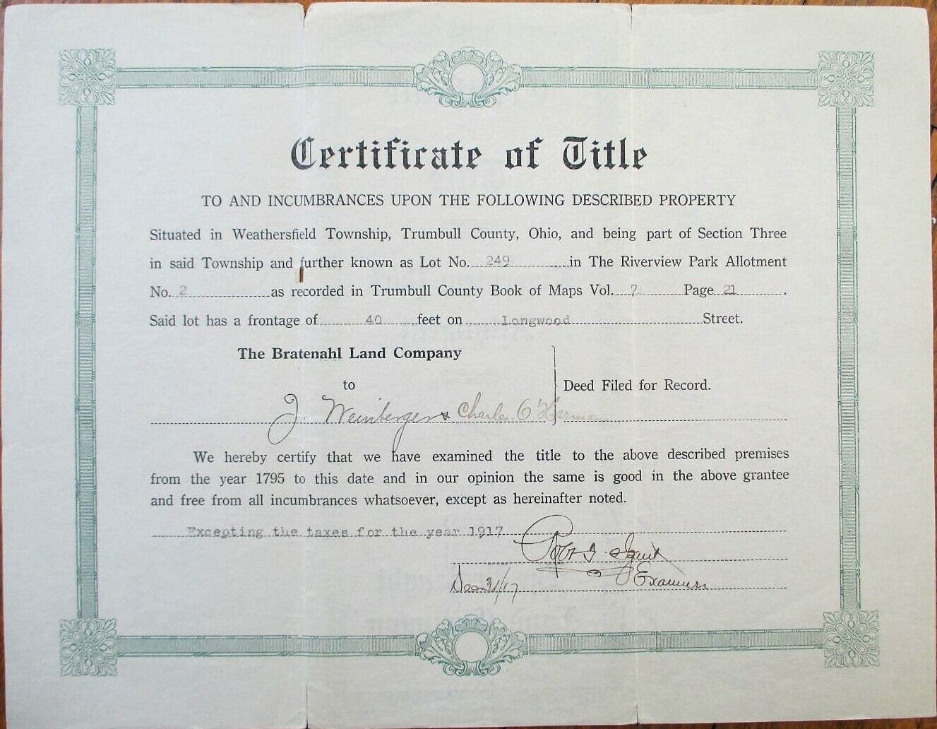 Weathersfield, Trumbull County, Ohio OH 1917 Real Estate Title Certificatre/Deed