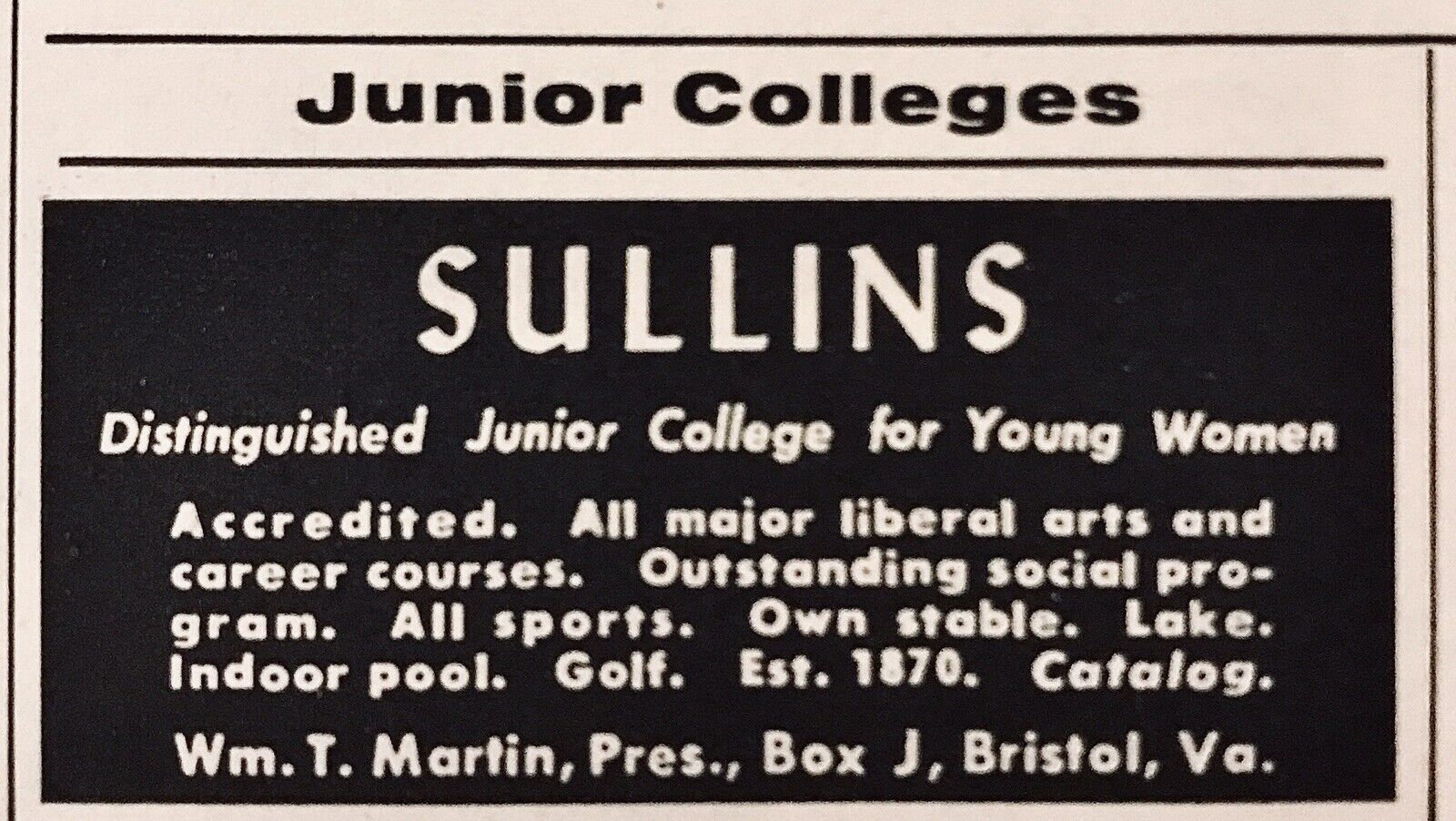 1958 Sullins Junior College for Young Women Bristol VA PRINT AD 2” Vintage