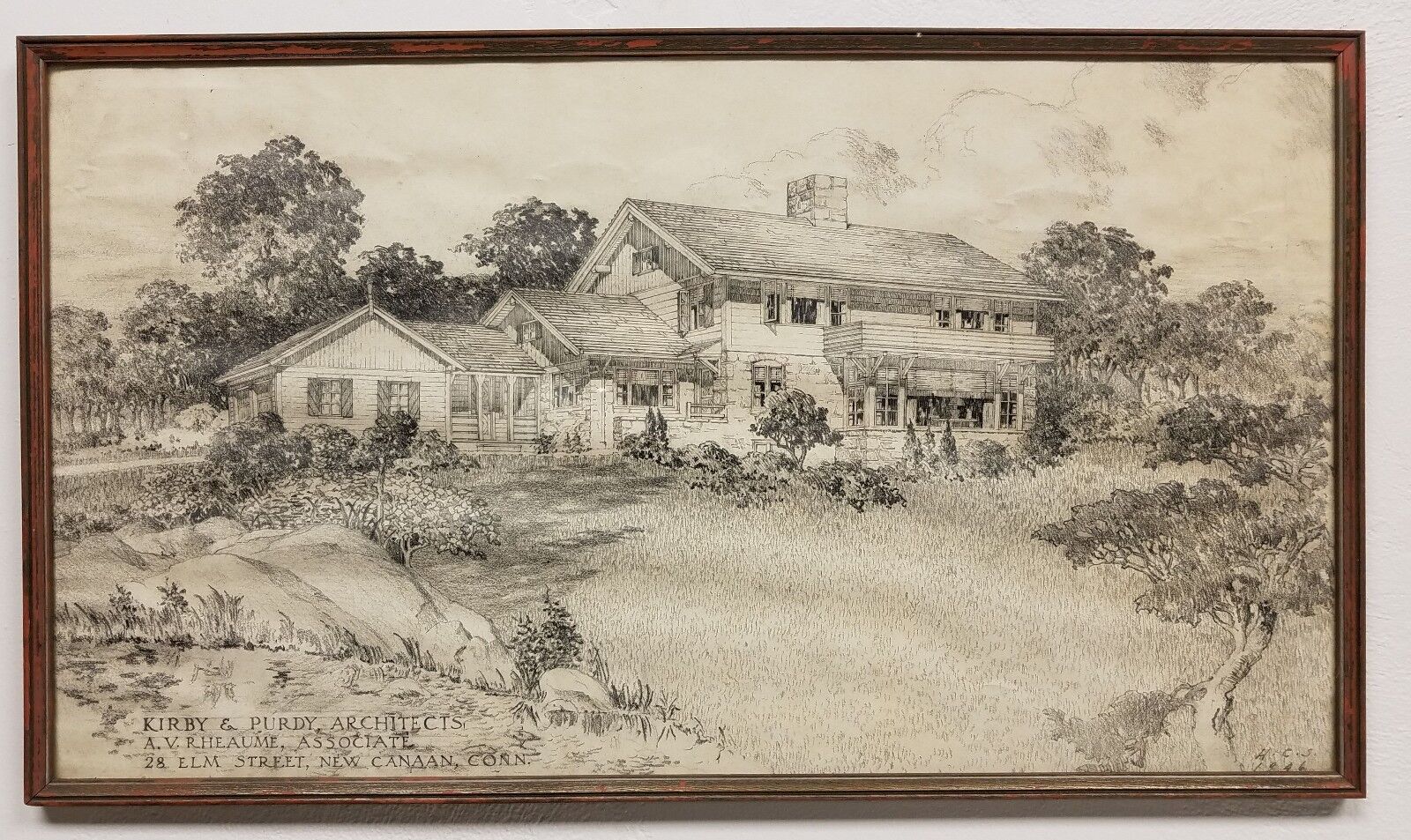 Large Vintage Fine Pencil Drawing KIRBY & PURDY ARCHITECTS New Canaan CT 1946