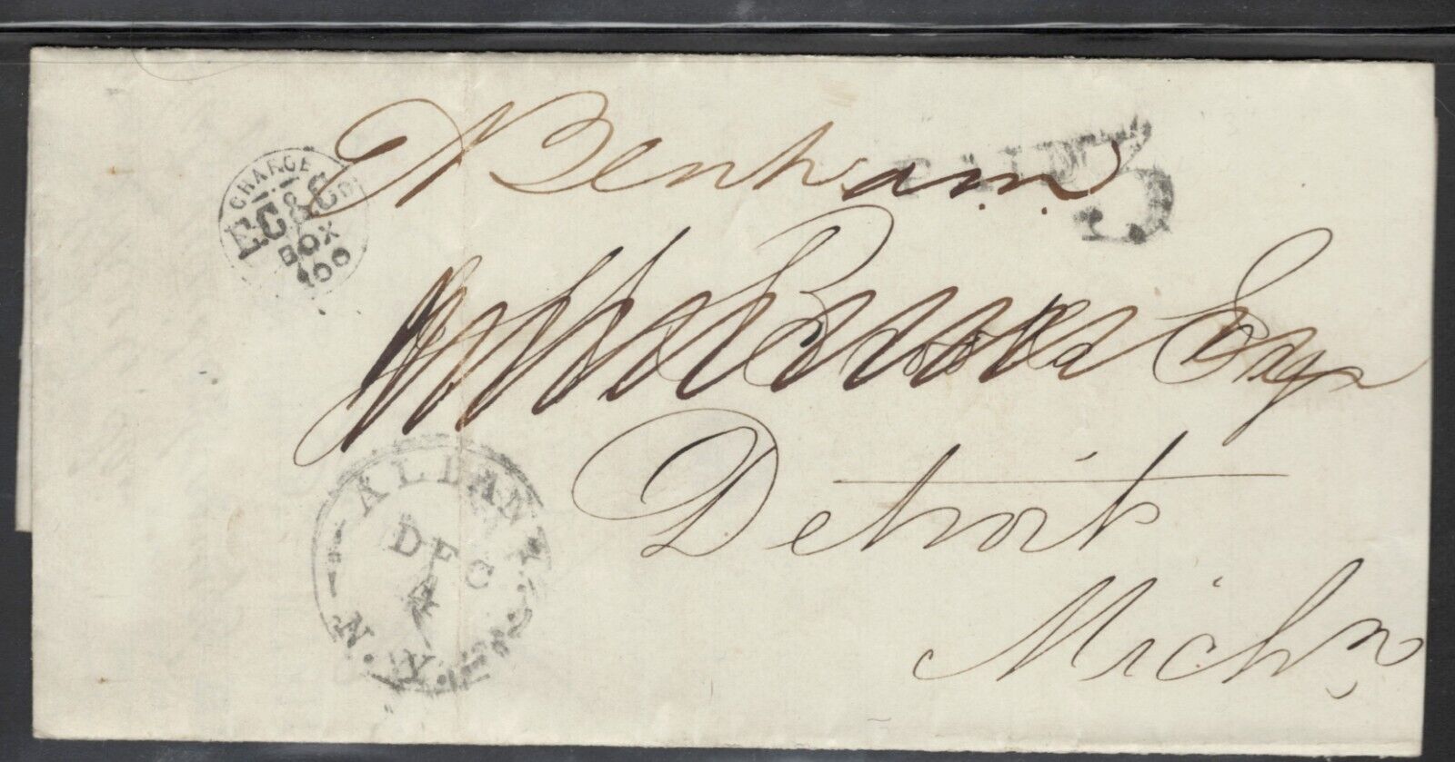 Rare E. Corning Rail Baron, 1851 Albany (CDS)-Detroit, Paid 3/Private Stamp