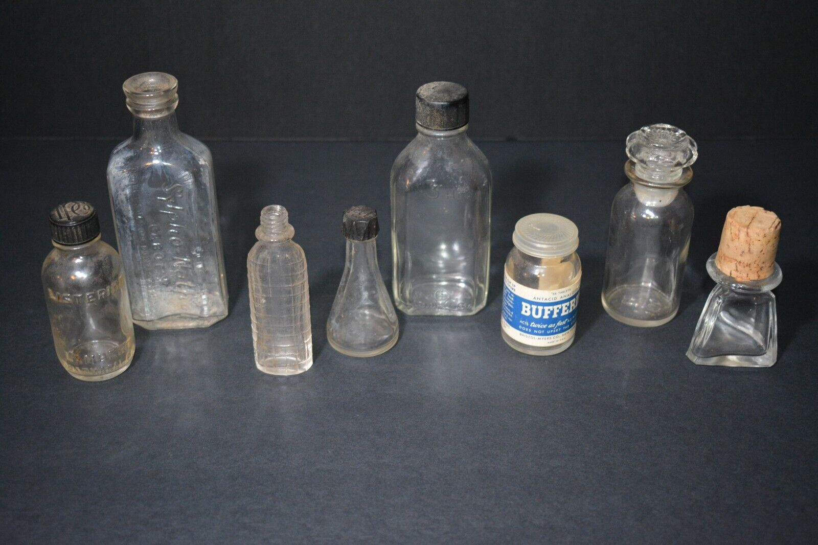 8 Pc Vintage Glass Pharmacy Medicine Bottle Lot Cabot\'s Bufferin Listerine Teel