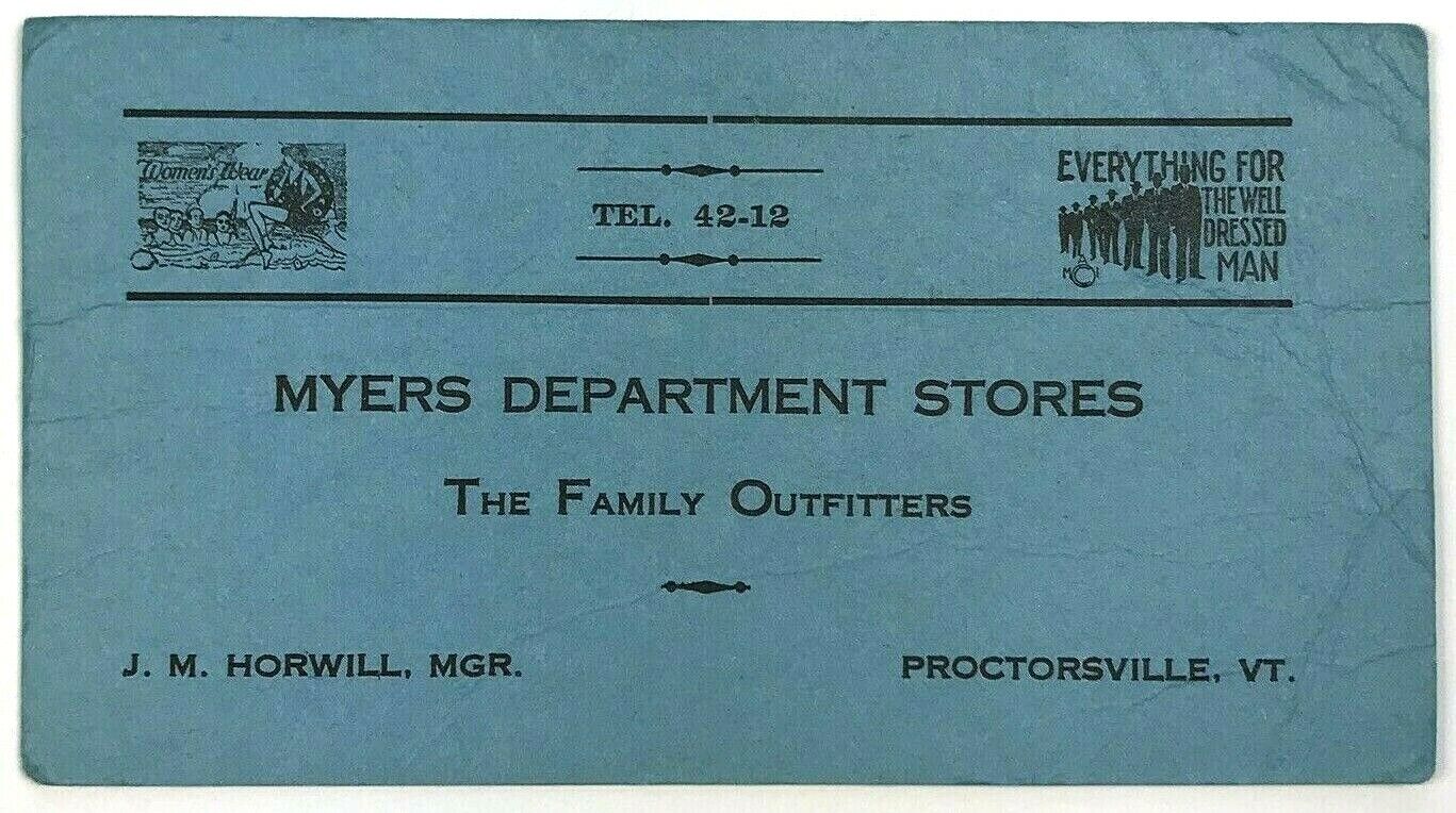 Myers Department Store Outfitters Proctorsville VT Vermont J M Horwill Ad Card 