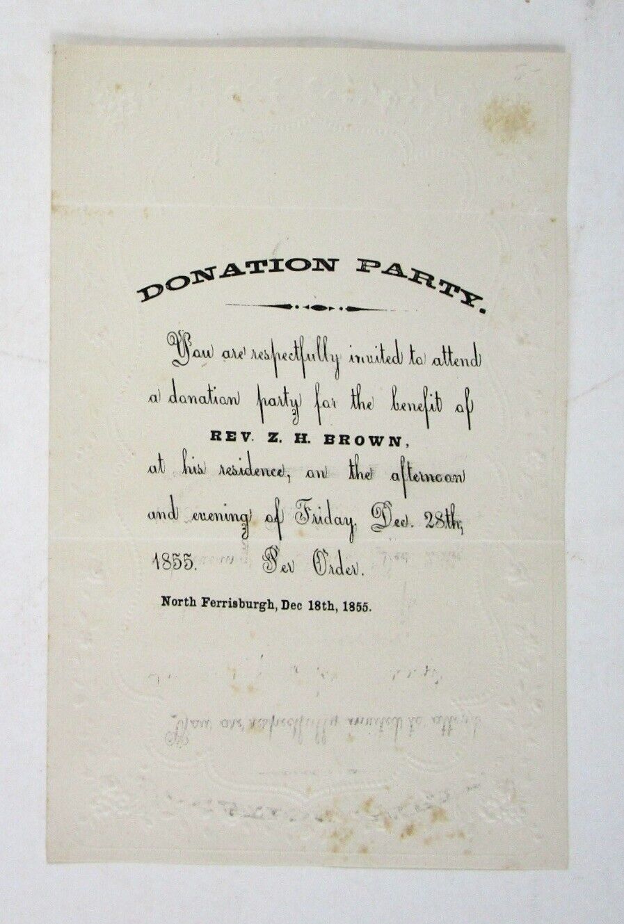 1855 Invitation to Donation Party of Rev. Z. H. Brown of North Ferrisburgh, VT