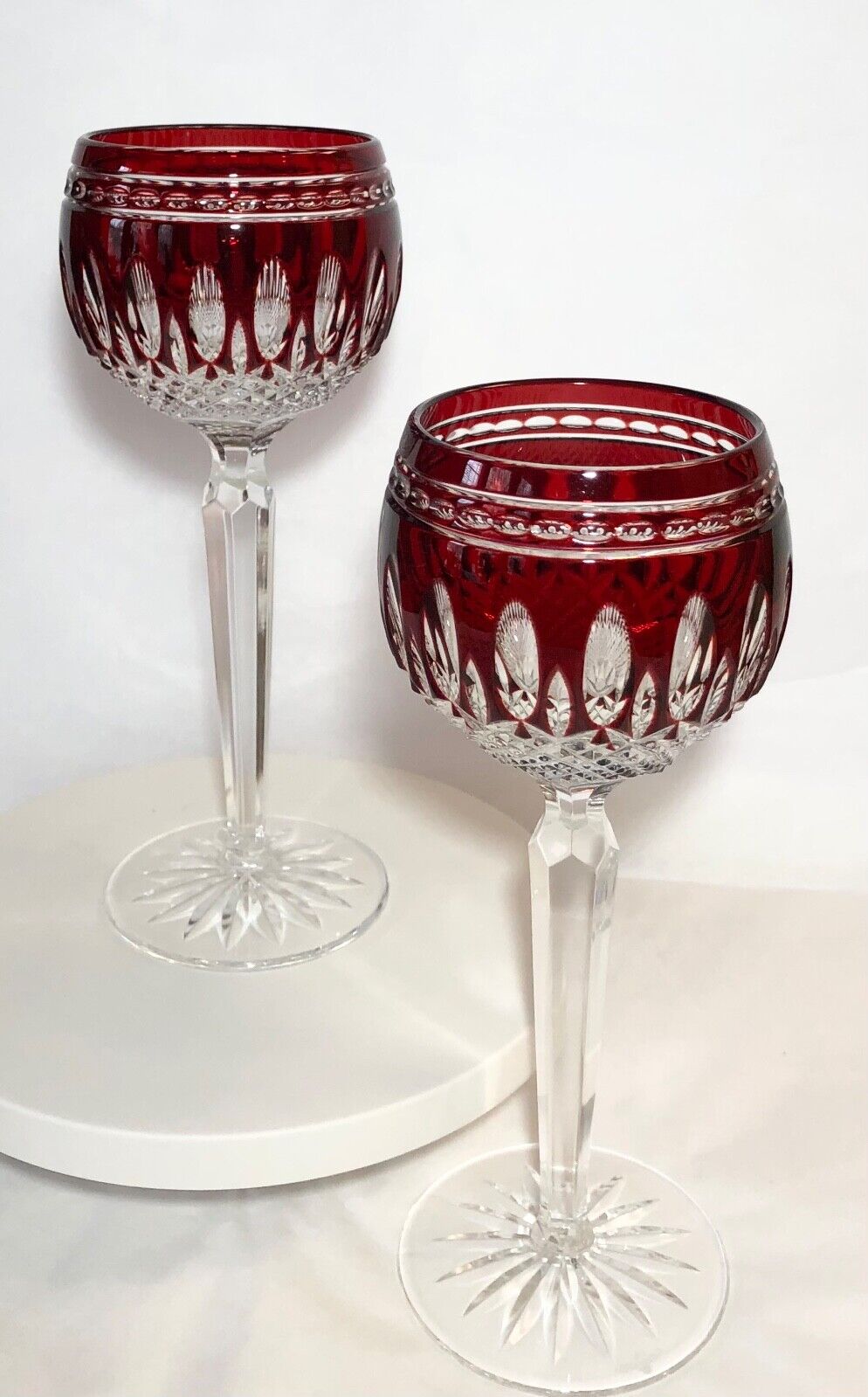 Pair of (2) Waterford Crystal Ruby Red Clarendon Wine Hock Glasses 8”. NWOT.