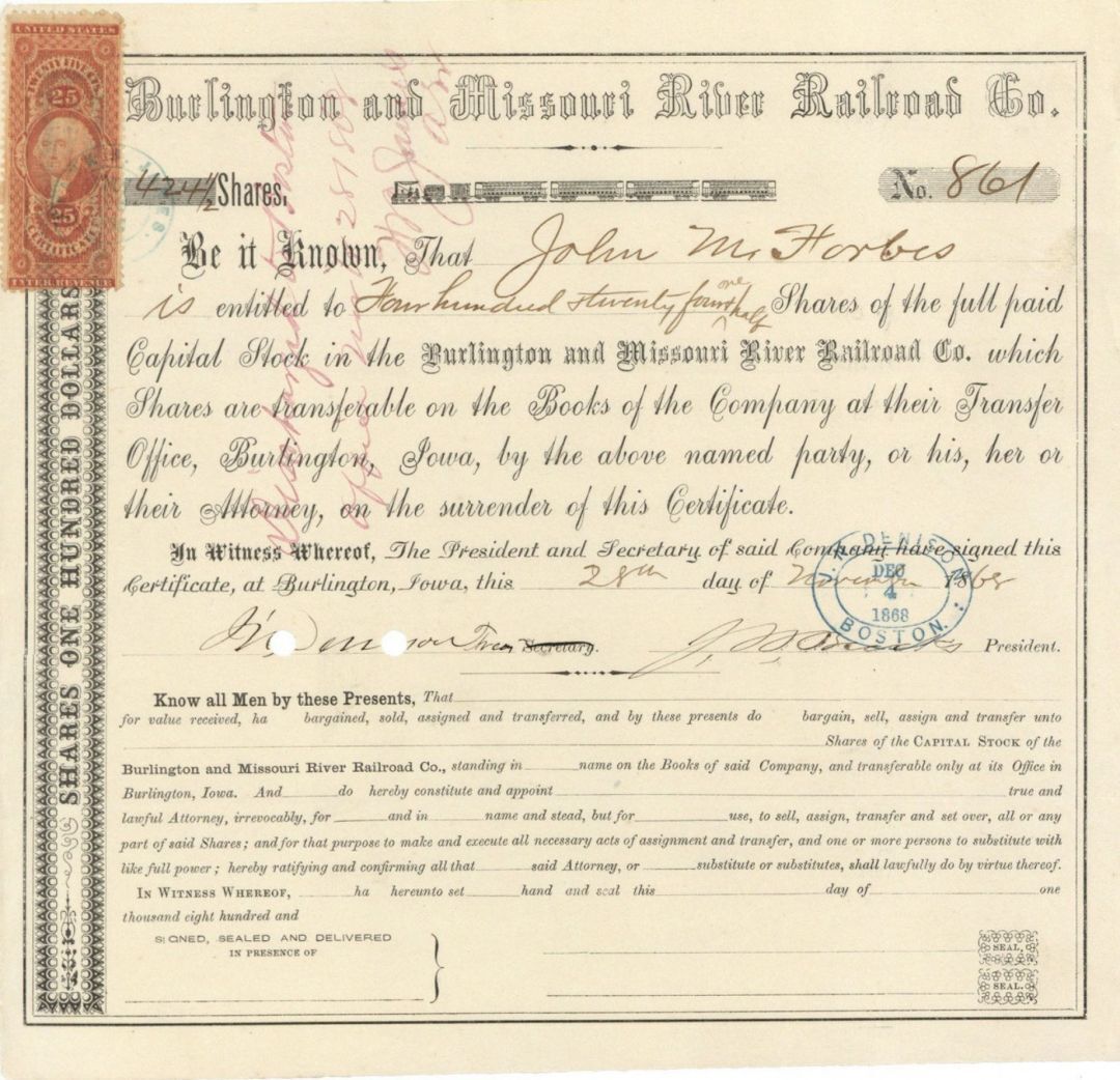 John M. Forbes issued to Burlington and Missouri River Railroad Co. - Stock Cert