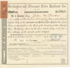 John M. Forbes issued to Burlington and Missouri River Railroad Co. - Stock Cert picture