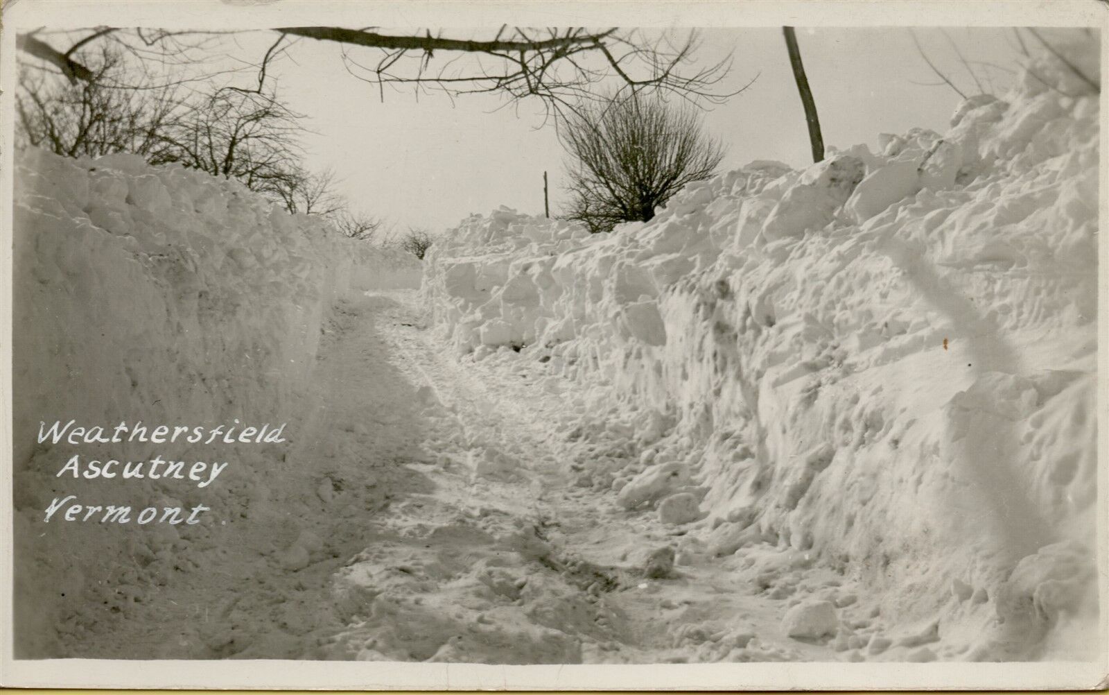 Deep Snow Plowed Road Weathersfield Ascutney VT RPPC Real Photo Postcard B37