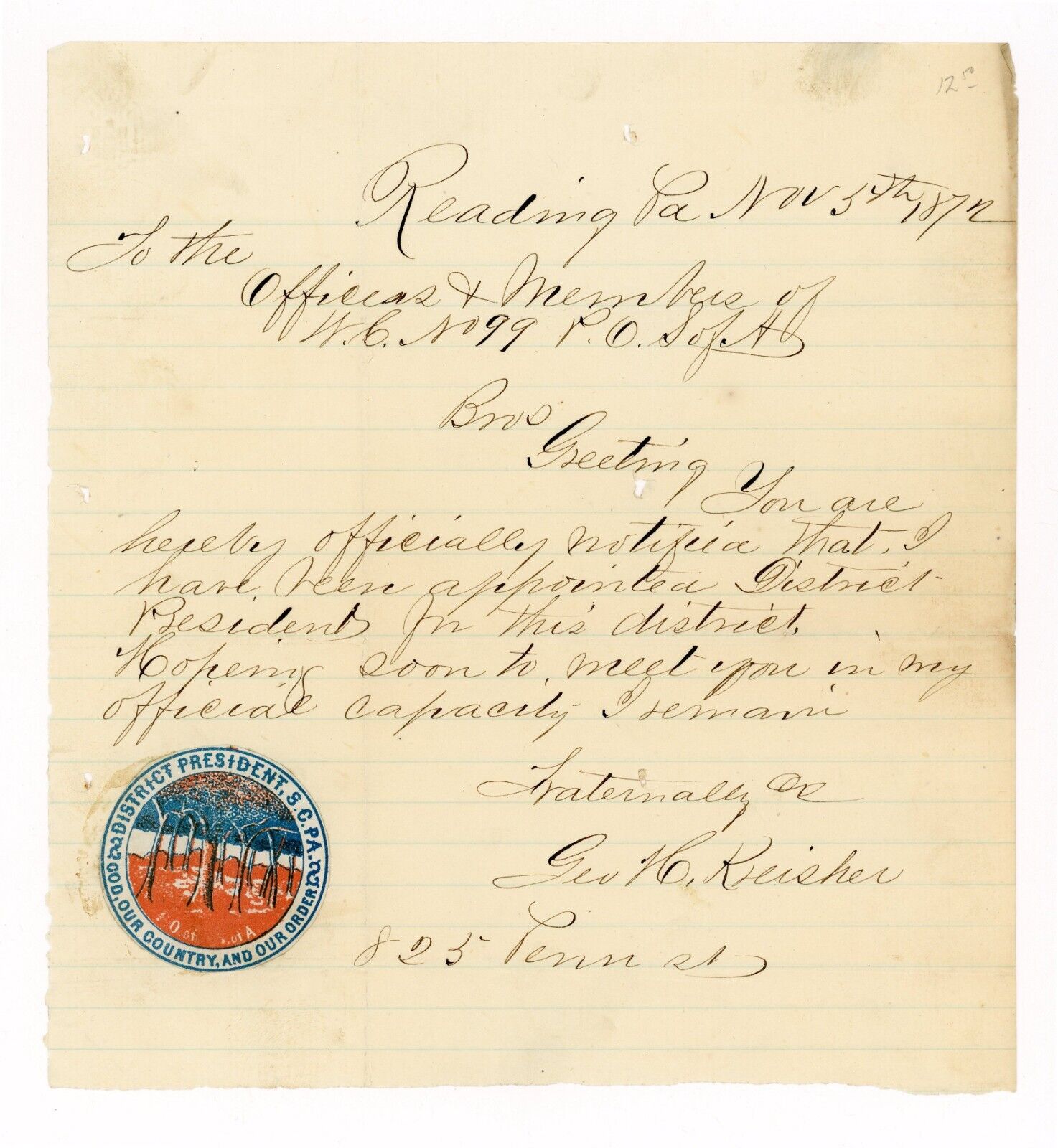 Fraternal Letter 1872 Reading Berks PA