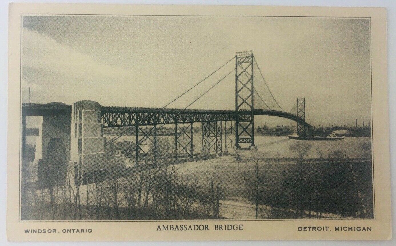 Vintage Detroit Michigan MI Ambassador Bridge Connecting Detroit to Windsor 