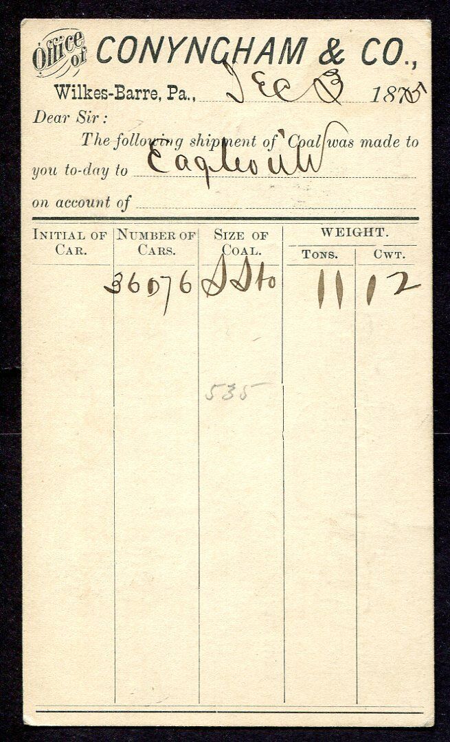 1875 Conyngham & Co Wilkes-Barre Postal Card UX5 to George Furst Beech Creek PA