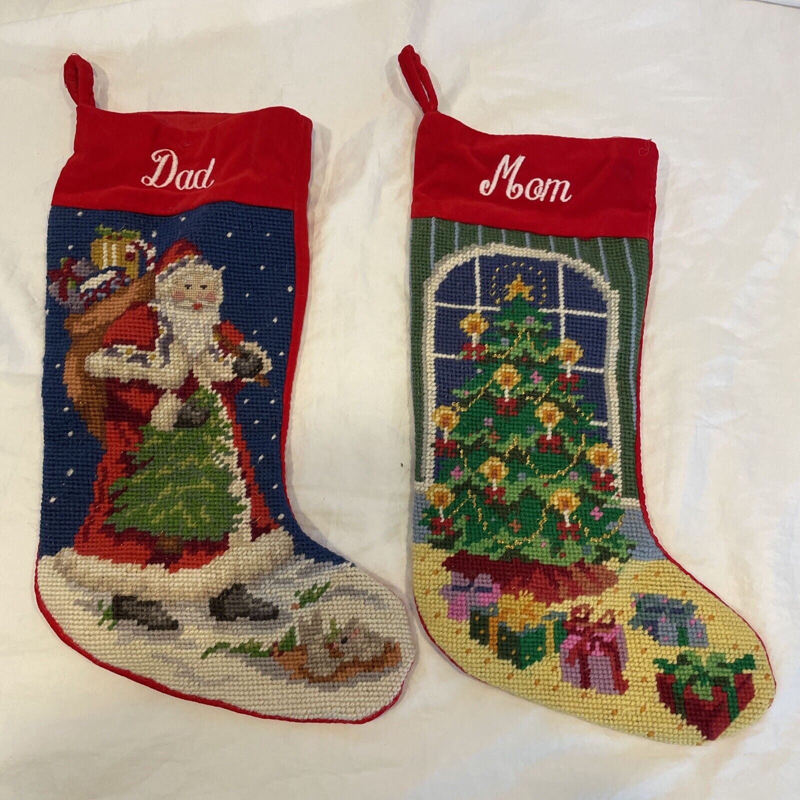 Lillian Vernon Wool Needlepoint Santa w/ Gifts & Christmas Tree Stocking 1991