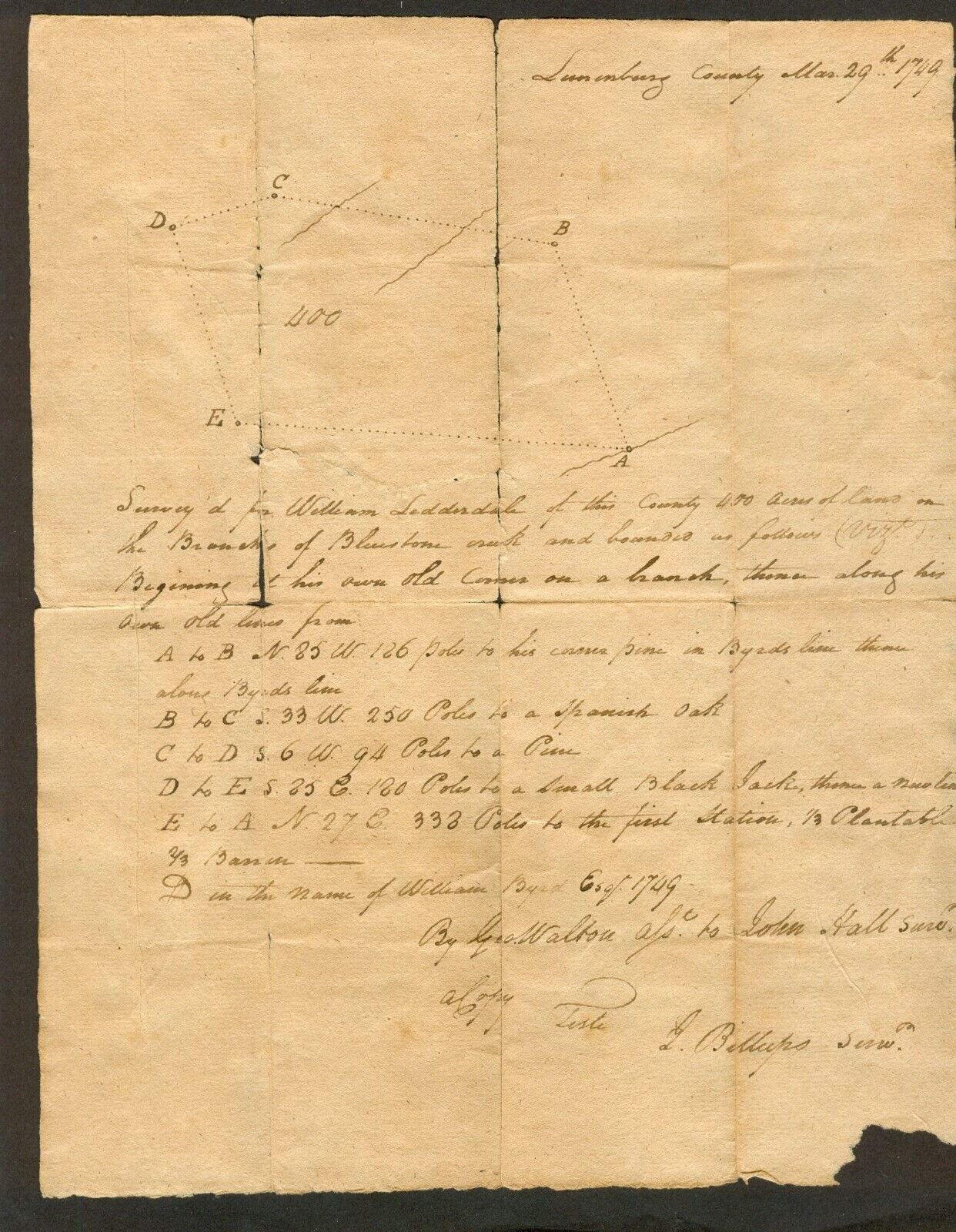 1749 Lunenburg VA survey of 400 Acres owned WIlliam Byrd sold to Wm Lidderdale
