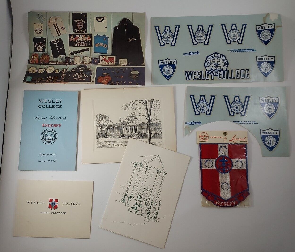 Vtg Wesley College Dover DE Decal Emblem Merch Xmas Greetings Student Handbook