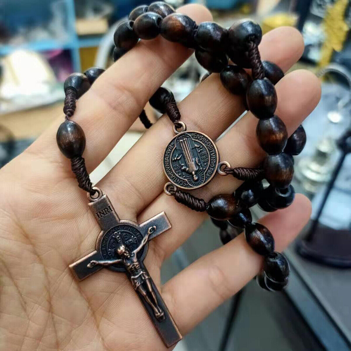 Saint St Benedict Deep Brown Wood Beads Rosary Prayer Crucifix Cross Jerusalem