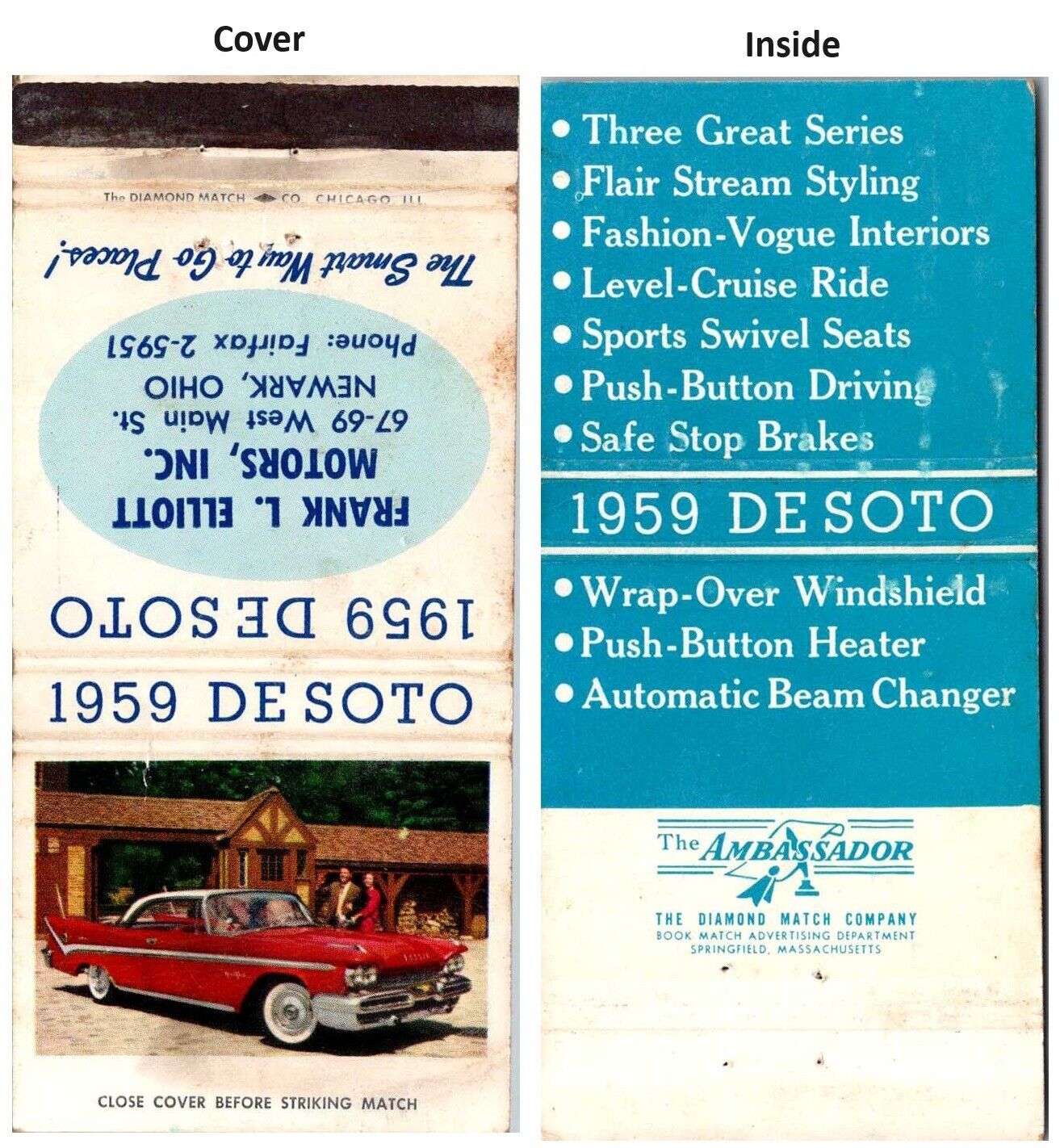 1959 Desoto Frank Elliott Motors Newark Ohio Car Dealer Matchbook Vintage
