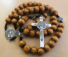 Saint St Benedict Wooden Rosary for Men Women Wood Prayer Beads Crucifix Cross  picture