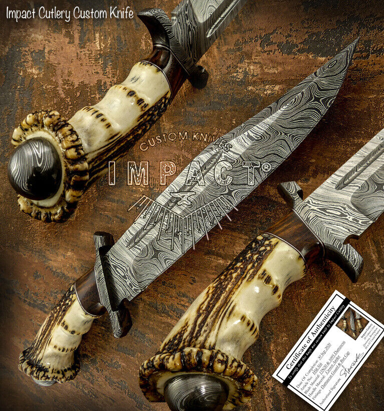  CUSTOM DAMASCUS FULLER BOWIE KNIFE CROWN ANTLER BY IMPACT CUTLERY