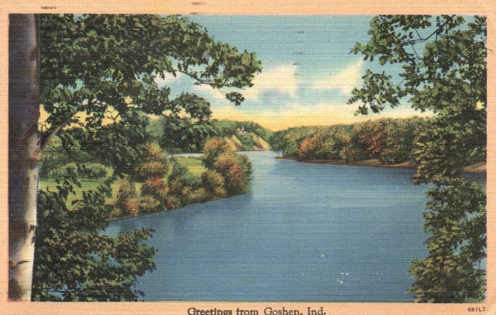 Postcard IN Greetings Goshen Wooded Waterway Posted 1947 Linen Vintage PC H6631