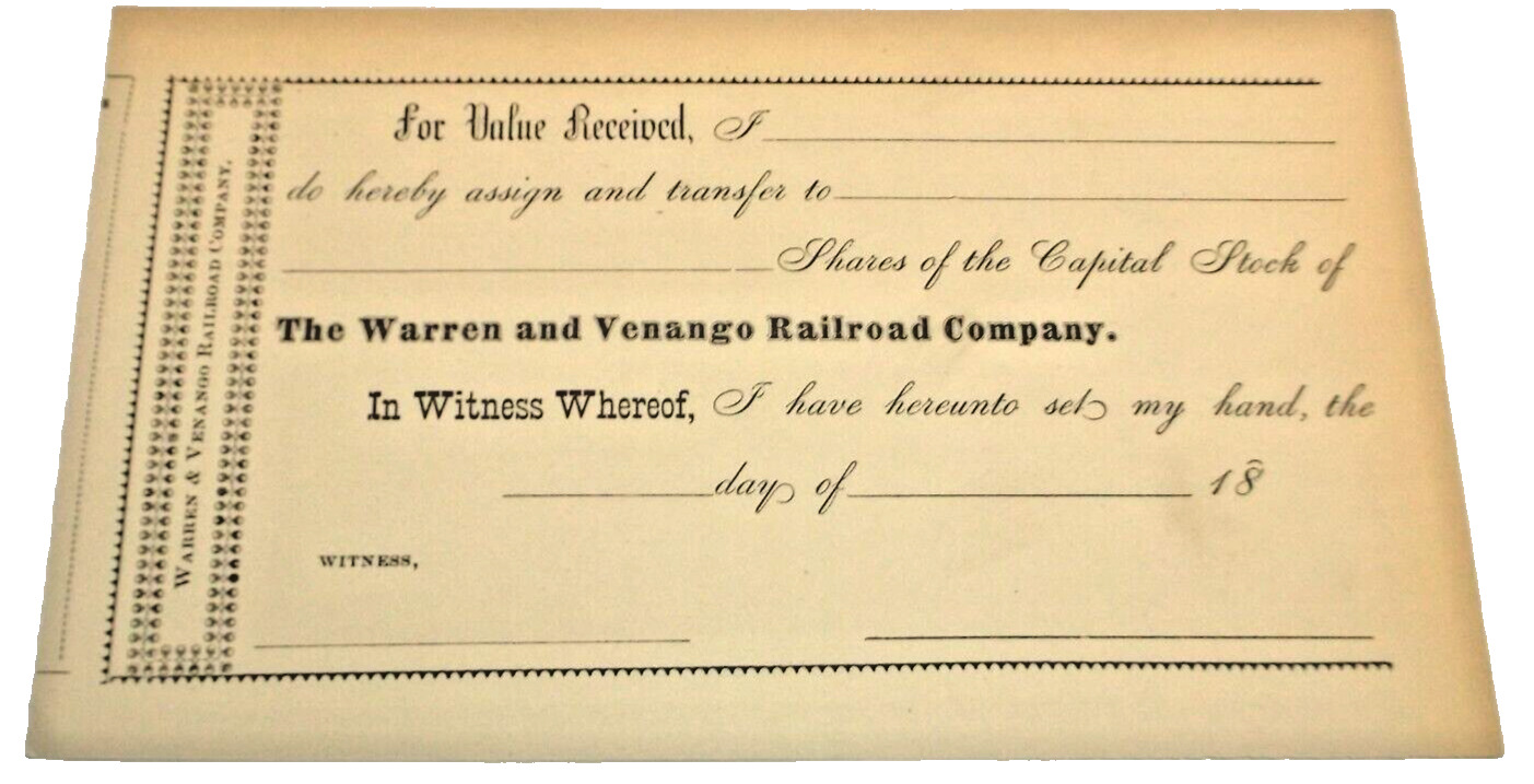 1871 WARREN AND VENANGO RAILROAD NYC UNUSED CAPITAL STOCK TRANSFER FORM