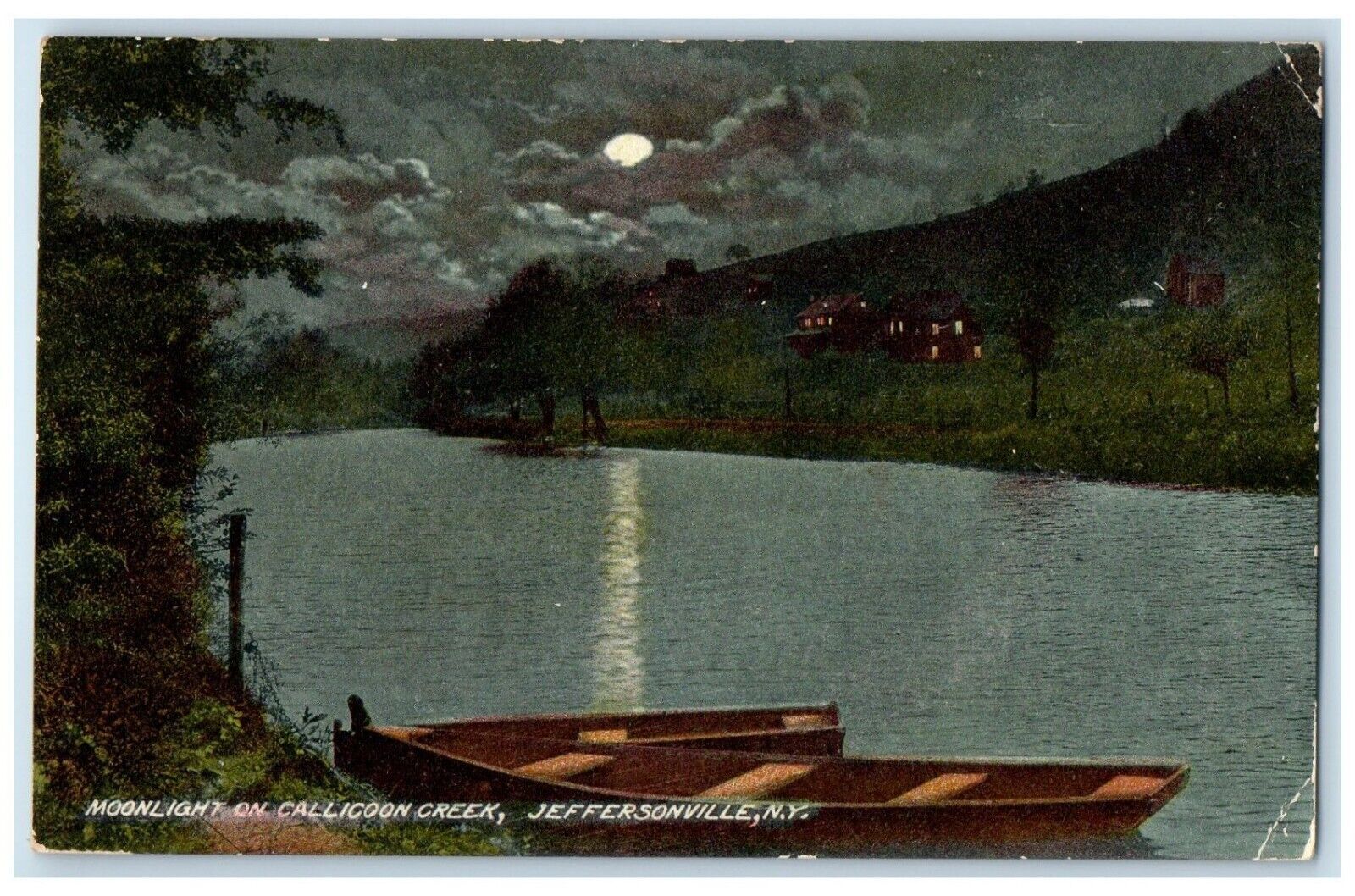1910 Moonlight Callicoon Creek Jeffersonville New York Vintage Antique Postcard