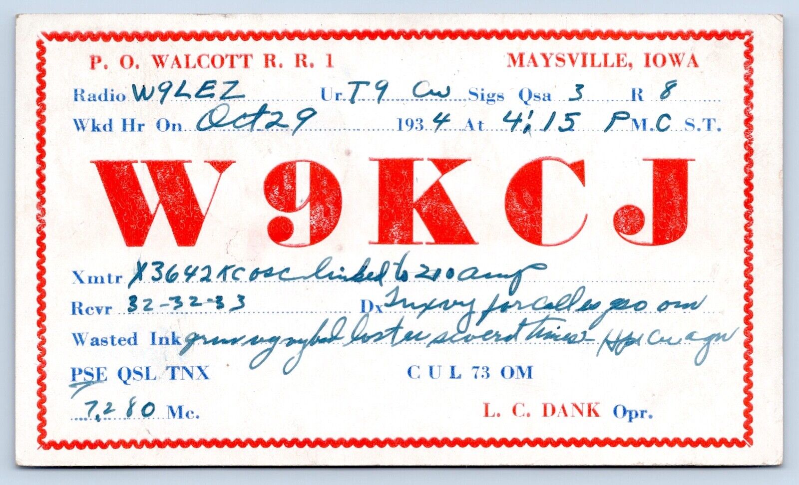 QSL CB Ham Radio Card W9KCJ Maysville / Walcott Iowa 1934 Scott County IA Card