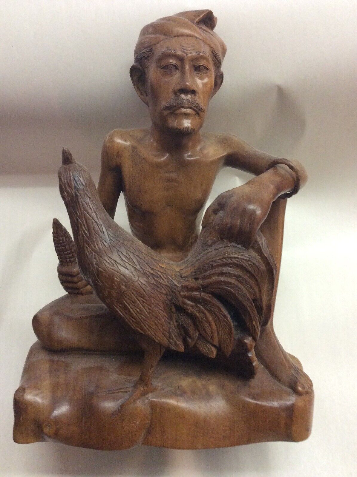 Vintage Bali Wood Carved Man With Rooster 11” Tall Signed