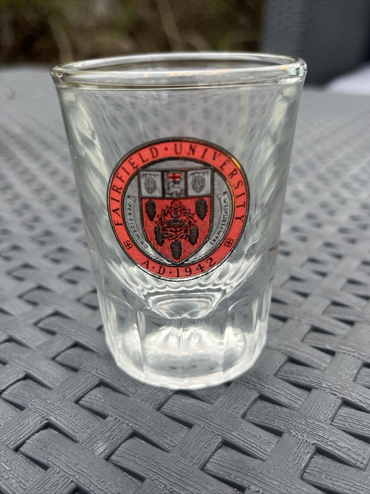 Vintage Fairfield University - Shot Glass Thick Clear with Logo 3” inches tall
