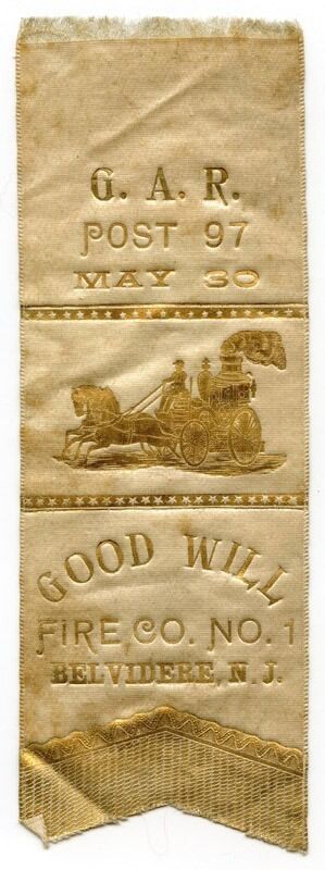 1890\'s Belvidere, New Jersey GAR Post 97 Parade Ribbon Goodwill Fire Co. No. 1