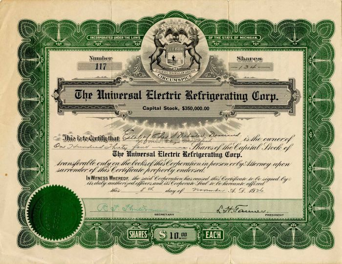 Universal Electric Refrigerating Corp. - Stock Certificate - General Stocks