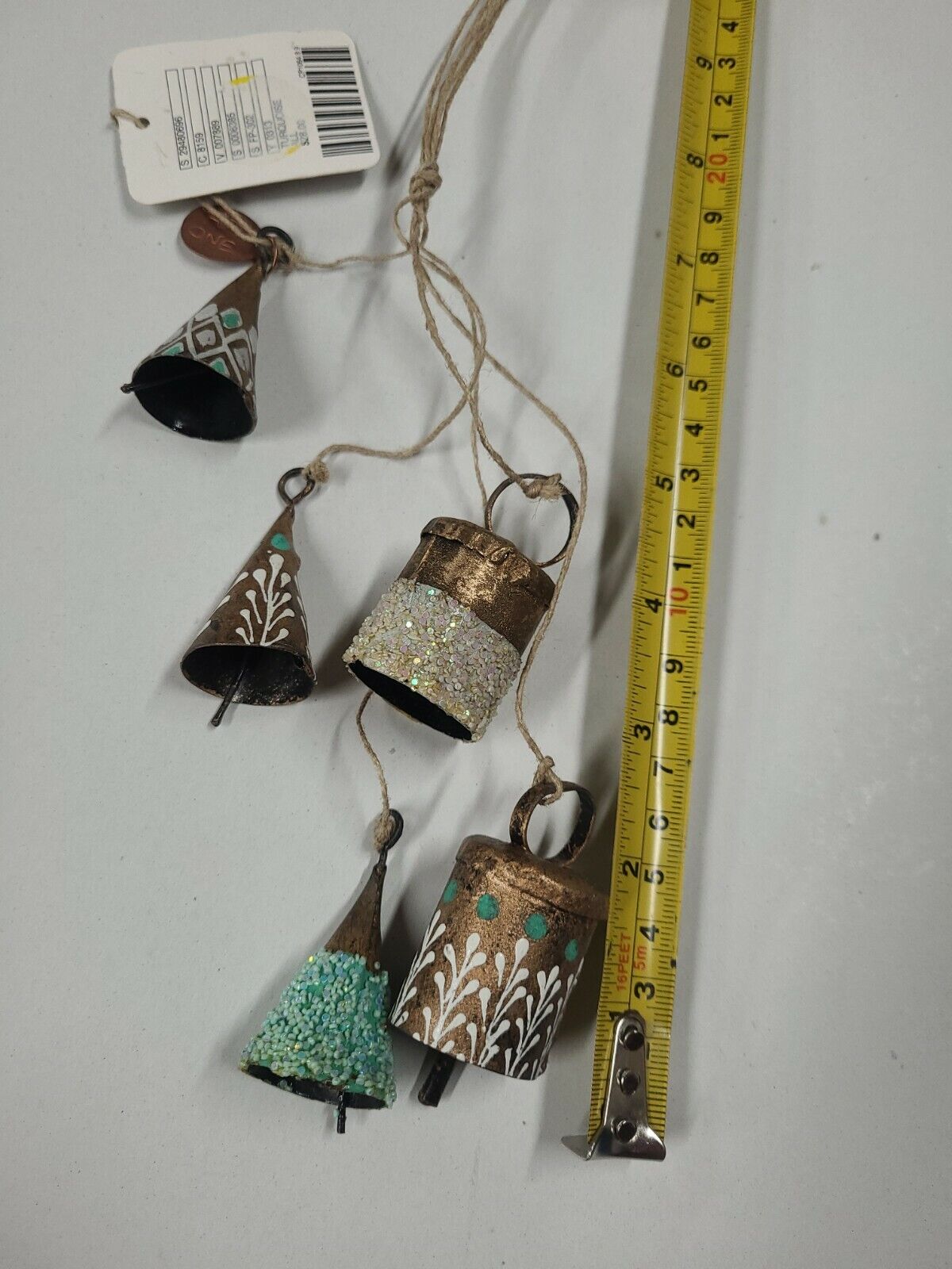 Free People Anthropologie Christmas Stocking Ornament turquoise Metal Bells 