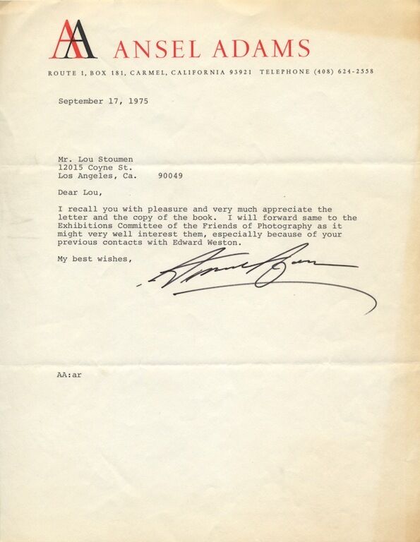 ANSEL ADAMS Typed Letter Signed Photographer Edward Weston   
