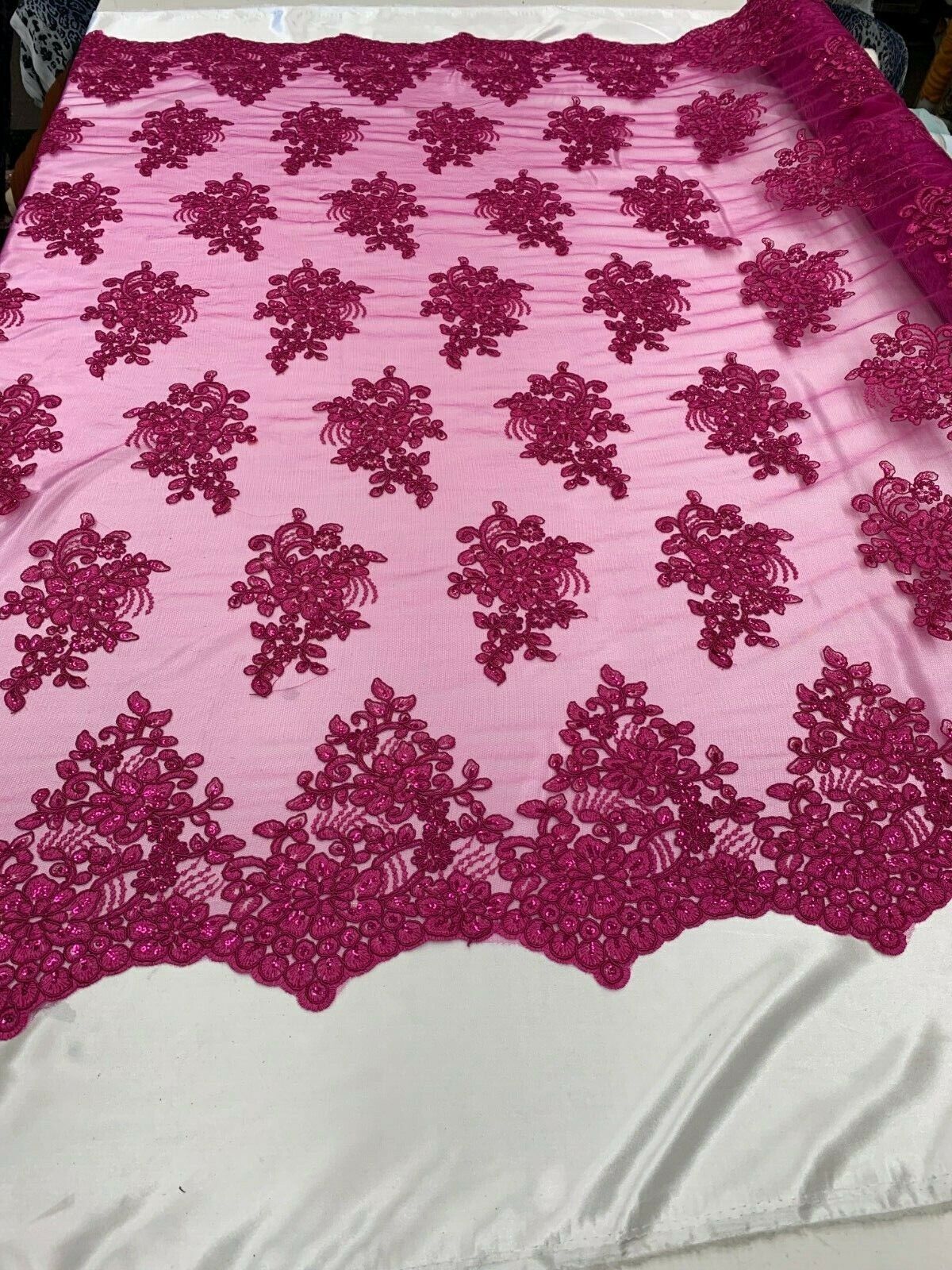 Lace Embroidered Flowers/Floral Fabric Sequins On Mesh (Fuchsia) By The Yard
