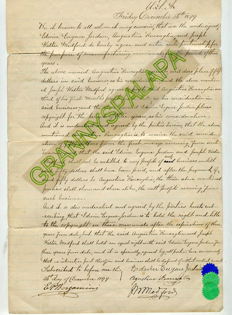 1879 Letter-New York-JORDAN-RONEGLIA-MEDFORD-Partnership Manufacture Memorials  